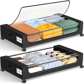 GoMaihe Under Bed Storage with Wheels: XXL 48L Underbed Storage Containers with Clear Lids - Rolling Drawers & Bins for Shoes Clothes in Dorm Bedroom - Space-Saving Easy Pull-out Black 2-Pack