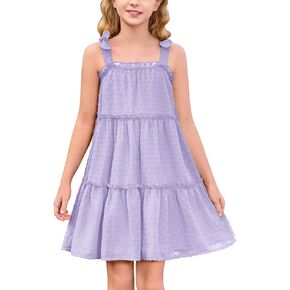 Haloumoning Girls Swiss Dot Spaghetti Strap Dress Kids Summer Flowy Sleeveless Ruffle Sundress 5-14 Years