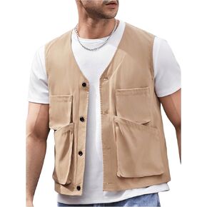 Verdusa Men's Button Up Sleeveless Utility Cargo Vest Jacket Waistcoat with Pockets