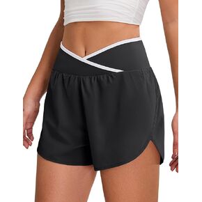 BMJL Women's Athletic Shorts Workout Running Shorts Crossover High Waisted Quick Dry Gym Shorts with Zipper Pocket