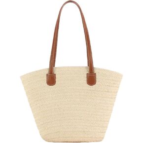 حقيبة كتف من Straw Beach Beach Super-Large Joker ، مناسبة للسفر ، وجبات العشاء الشاطئية والهدايا لأمي ، وأصدقاء المعلمين (Beige)