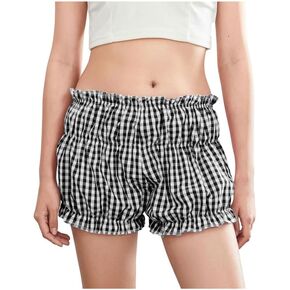 Women's Lounge Plaid Shorts With Ruffle Bloomer - Low Rise Coquette Micro Shorts for Sexy Pajama Bottoms and Sleep