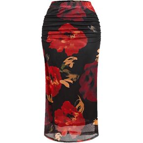 MakeMechic Women's Floral Mele Mesh Skirt Ruched Stretch Bodycon الأنيقة الطويلة
