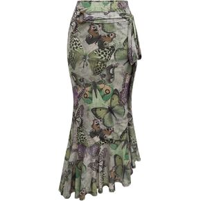 MakeMeChic Women's Mesh Butterfly Print Maxi Skirt Asymmetrical Knot Ruffle Hem Renaissance Skirts