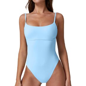 QINSEN Womens Seamed Cup Spaghetti Straps One Piece Bathing Suits Tummy Control Cheeky Swimsuit