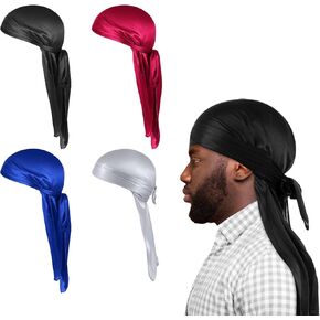 4PCS Silk Durag for Men, Breathable Wave Caps for Black Men, Soft Satin Durag Headwraps with Long Tail and Wide Straps, Sleeping Cap Waves Smooth as Silk (4 Colors)