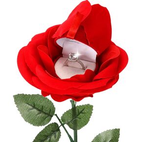 Noble Red Rose Ring Box Jewelry Box Case Engagement Ring Box with Stem for Proposal(Classic Style)