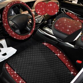 6 Pcs Bling Leather Car Seat Cover Rhinestone Seat Cushion for Women(Without Backrest Cover)Front Driver Seat Pad Mat Steering Wheel Cover Bling Car Cup Holder Armrest Cover Fit Most Vehicles (Red)