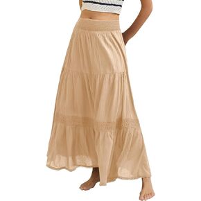 Gacaky Women’s Summer Boho Flowy Swing Tiered A-Line Maxi Skirts 2025 Fashion Trendy Lace Elastic Waist Pleated Long Dress