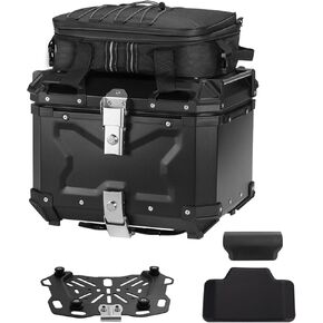 Motorcycle Top Case Set，Including Tail Box、Base Bracket、Backrest、Bag，Waterproof Aluminum Handle Motorcycle Helmet Case,Tail Box with Security Lock (Black, 45L)