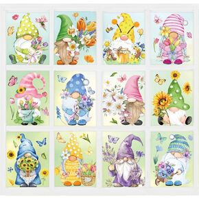 12 Sheets Spring Gnome Window Clings Summer Sunflower Daisy Tulip Lavender Floral Window Stickers Flower Double-Sided Glass Decals for Easter School Classroom Home Office Party Decoration