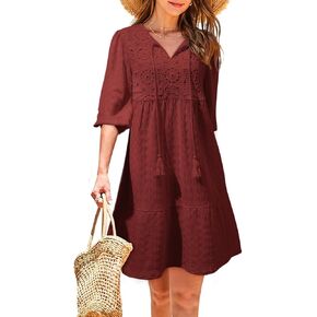 Dokotoo Womens Dresses Summer V Neck Drawstring Embroidered Half Sleeve Mini Dress Boho Dresses for Women 2025 Sundresses