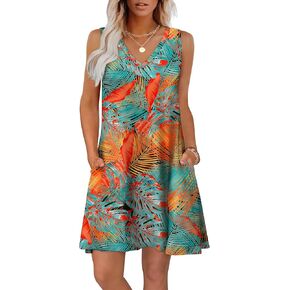 WIHOLL Womens Summer Dresses Loose Fit V Neck Sleeveless Sundresses Beach Hawaiian Dress with Pockets