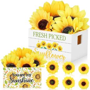 Marsui Summer Tiered Tray Decor Sunflower Mini Wooden Crate with 6 Artificial Sunflowers Farmhouse Rustic Table Decor for Home Kitchen Party Centerpiece