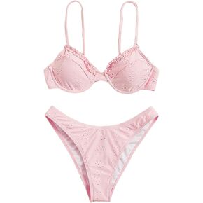 SOLY HUX Women's Bikini Set Eyelet Embroidered Underwire Frill Trim High Cut Bathing Suit 2 Piece Swimsuit