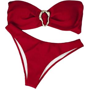 Milumia Women's Metal Ring Strapless Bikini Set High Cut Two Piece Bandeau Swimsuit Bathing Suit