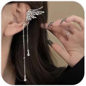 Slive Butterfly Tassel Ear Cuffs Earrings, Long Chain Dangle Ear Clip Earring Non Pierced Elf Earring Jewelry for Women