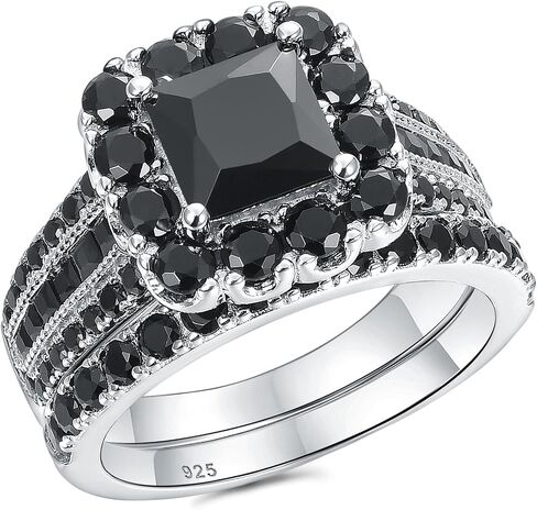 Newshe Jewellery Black Wedding Rings for Women AAAAA Cz Bridal Engagement Ring Set 925 Sterling Silver Princess Size 5-10 in Saudi Arabia