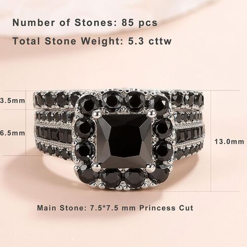 Newshe Jewellery Black Wedding Rings for Women AAAAA Cz Bridal Engagement Ring Set 925 Sterling Silver Princess Size 5-10 in Saudi Arabia
