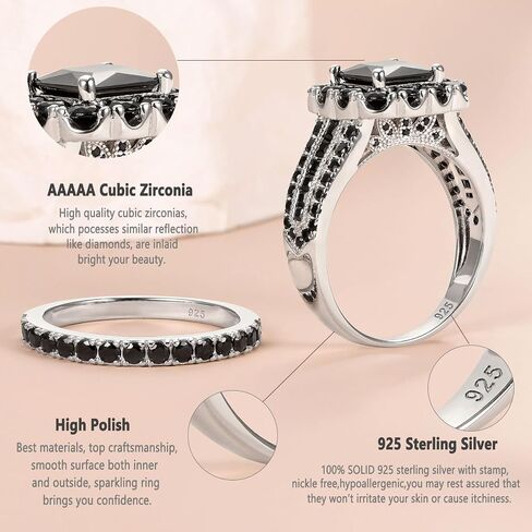 Newshe Jewellery Black Wedding Rings for Women AAAAA Cz Bridal Engagement Ring Set 925 Sterling Silver Princess Size 5-10 in Saudi Arabia