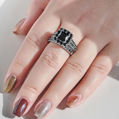 Newshe Jewellery Black Wedding Rings for Women AAAAA Cz Bridal Engagement Ring Set 925 Sterling Silver Princess Size 5-10 in Saudi Arabia