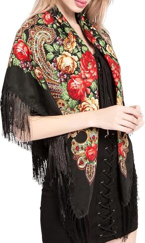 Women's Traditional Scarf Wrap Tassel Shawl Fringes Neck Head Shawl Retro Scarf Floral Poncho in Saudi Arabia