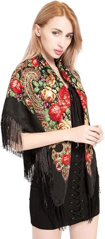 Women's Traditional Scarf Wrap Tassel Shawl Fringes Neck Head Shawl Retro Scarf Floral Poncho in Saudi Arabia