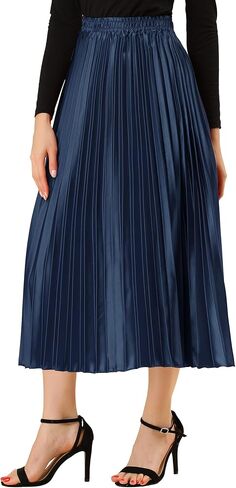 Allegra K Women's Pleated Midi Skirt Elastic Waist Metallic Shiny Accordion Party Skirts in Saudi Arabia