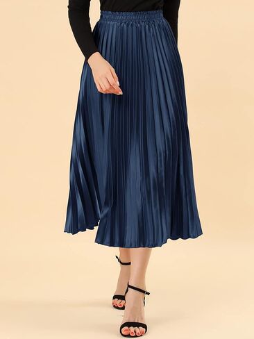 Allegra K Women's Pleated Midi Skirt Elastic Waist Metallic Shiny Accordion Party Skirts in Saudi Arabia
