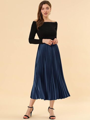 Allegra K Women's Pleated Midi Skirt Elastic Waist Metallic Shiny Accordion Party Skirts in Saudi Arabia