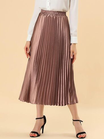 Allegra K Women's Pleated Midi Skirt Elastic Waist Metallic Shiny Accordion Party Skirts in Saudi Arabia