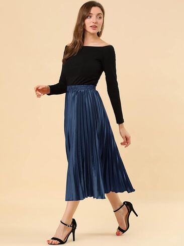 Allegra K Women's Pleated Midi Skirt Elastic Waist Metallic Shiny Accordion Party Skirts in Saudi Arabia