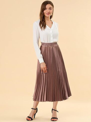 Allegra K Women's Pleated Midi Skirt Elastic Waist Metallic Shiny Accordion Party Skirts in Saudi Arabia