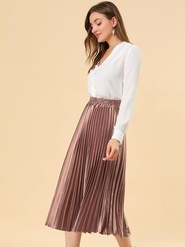 Allegra K Women's Pleated Midi Skirt Elastic Waist Metallic Shiny Accordion Party Skirts in Saudi Arabia