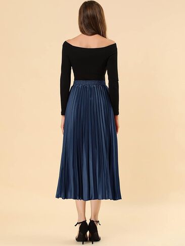 Allegra K Women's Pleated Midi Skirt Elastic Waist Metallic Shiny Accordion Party Skirts in Saudi Arabia