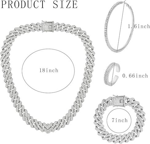 NEWITIN 7 Pieces Silver Jewelry Set for Women Dainty Cubic Zirconia Cuban Link Chain Necklace Bracelet Ring Sparkly Crystal Earrings Cuban Jewelry Set for Women Men in Kuwait