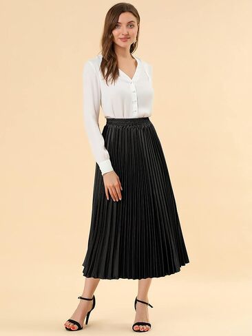 Allegra K Women's Pleated Midi Skirt Elastic Waist Metallic Shiny Accordion Party Skirts in Saudi Arabia