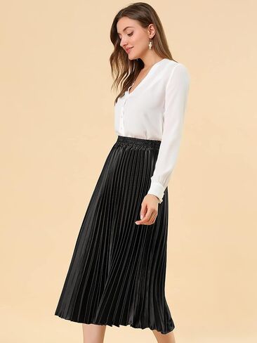 Allegra K Women's Pleated Midi Skirt Elastic Waist Metallic Shiny Accordion Party Skirts in Saudi Arabia