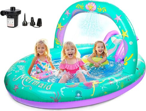 SULIFEEL Rainbow Unicorn Inflatable Play Center Kiddie Pool with Slide and Sprinkler for Children, 8ft x 5ft x 9.5in Baby Pool for Backyard and Garden, Free Inflatable Pump (Rainbow) in Kuwait