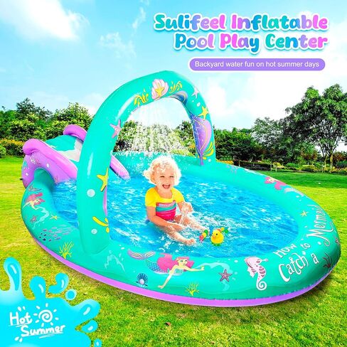 SULIFEEL Rainbow Unicorn Inflatable Play Center Kiddie Pool with Slide and Sprinkler for Children, 8ft x 5ft x 9.5in Baby Pool for Backyard and Garden, Free Inflatable Pump (Rainbow) in Kuwait