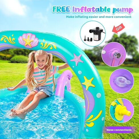 SULIFEEL Rainbow Unicorn Inflatable Play Center Kiddie Pool with Slide and Sprinkler for Children, 8ft x 5ft x 9.5in Baby Pool for Backyard and Garden, Free Inflatable Pump (Rainbow) in Kuwait