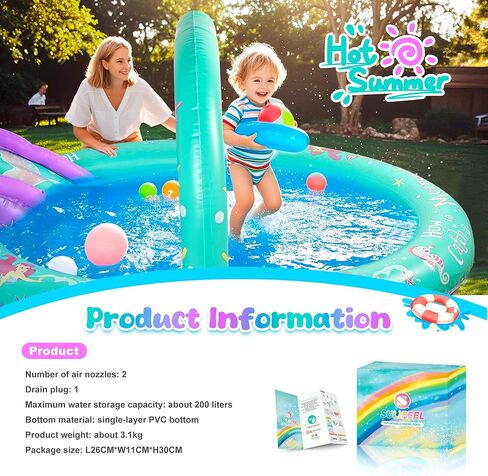 SULIFEEL Rainbow Unicorn Inflatable Play Center Kiddie Pool with Slide and Sprinkler for Children, 8ft x 5ft x 9.5in Baby Pool for Backyard and Garden, Free Inflatable Pump (Rainbow) in Kuwait