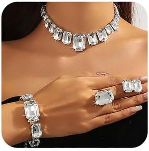 Octwine Silver Green Red Rhinestones Bridal Necklace Earrings Set Wedding Rhinestone Necklace Dangle Earrings Rings Bracelet Sets for Brides Bridesmaid Crystal Prom Party Accessories for Women in Saudi Arabia