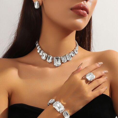 Octwine Silver Green Red Rhinestones Bridal Necklace Earrings Set Wedding Rhinestone Necklace Dangle Earrings Rings Bracelet Sets for Brides Bridesmaid Crystal Prom Party Accessories for Women in Saudi Arabia