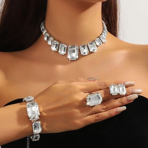 Octwine Silver Green Red Rhinestones Bridal Necklace Earrings Set Wedding Rhinestone Necklace Dangle Earrings Rings Bracelet Sets for Brides Bridesmaid Crystal Prom Party Accessories for Women in Saudi Arabia