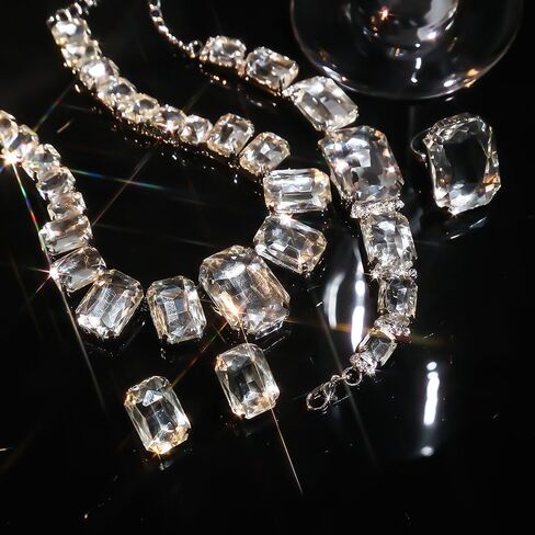 Octwine Silver Green Red Rhinestones Bridal Necklace Earrings Set Wedding Rhinestone Necklace Dangle Earrings Rings Bracelet Sets for Brides Bridesmaid Crystal Prom Party Accessories for Women in Saudi Arabia