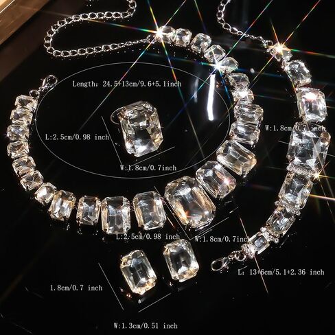 Octwine Silver Green Red Rhinestones Bridal Necklace Earrings Set Wedding Rhinestone Necklace Dangle Earrings Rings Bracelet Sets for Brides Bridesmaid Crystal Prom Party Accessories for Women in Saudi Arabia
