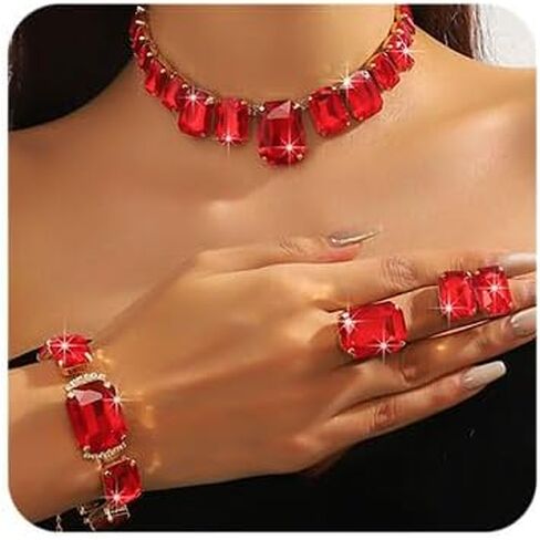 Octwine Silver Green Red Rhinestones Bridal Necklace Earrings Set Wedding Rhinestone Necklace Dangle Earrings Rings Bracelet Sets for Brides Bridesmaid Crystal Prom Party Accessories for Women in Saudi Arabia