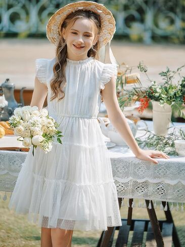 Quedoris Girls Tulle Dress Elastic Neck and Waist Three Layers Ruffle Sleeve Tiered Skirt Party Casual Dress in Saudi Arabia