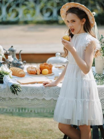 Quedoris Girls Tulle Dress Elastic Neck and Waist Three Layers Ruffle Sleeve Tiered Skirt Party Casual Dress in Saudi Arabia